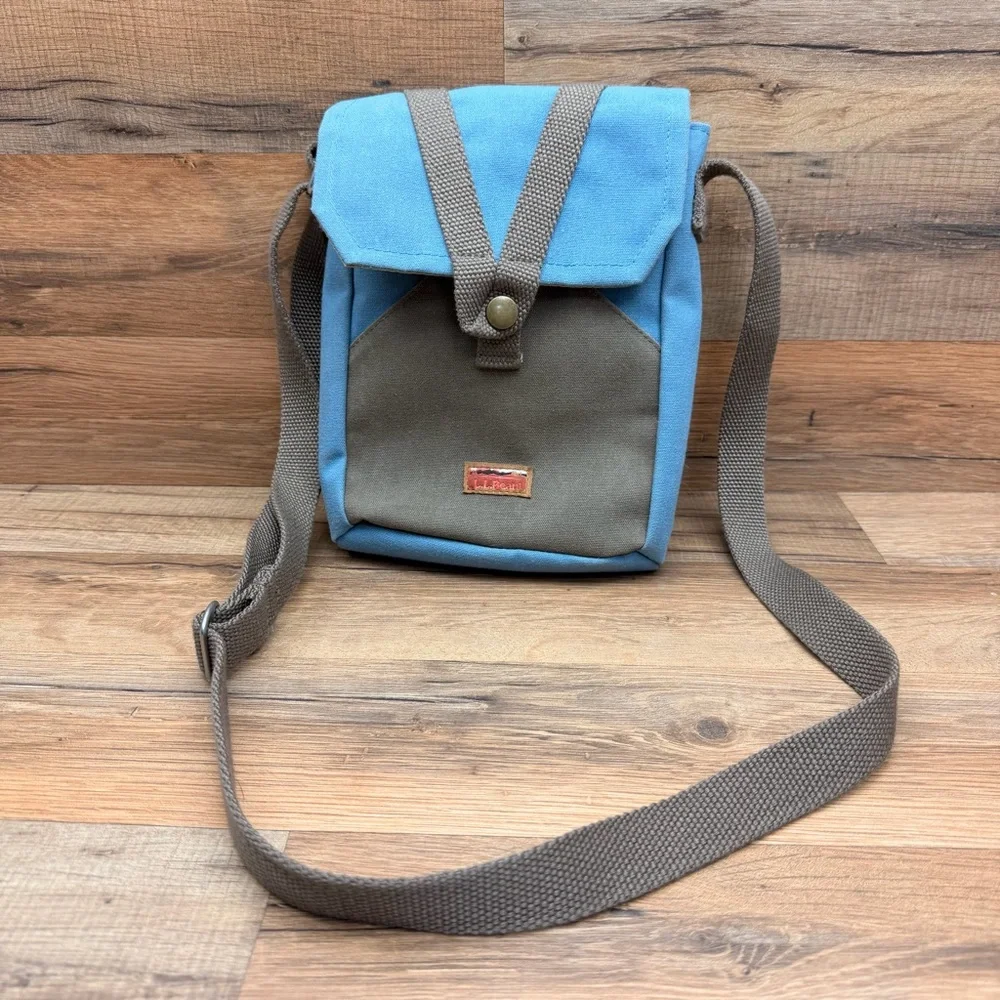 L.L. Bean Blue Brown Canvas Small Utility Hiking Outdoor Travel Crossbody Bag